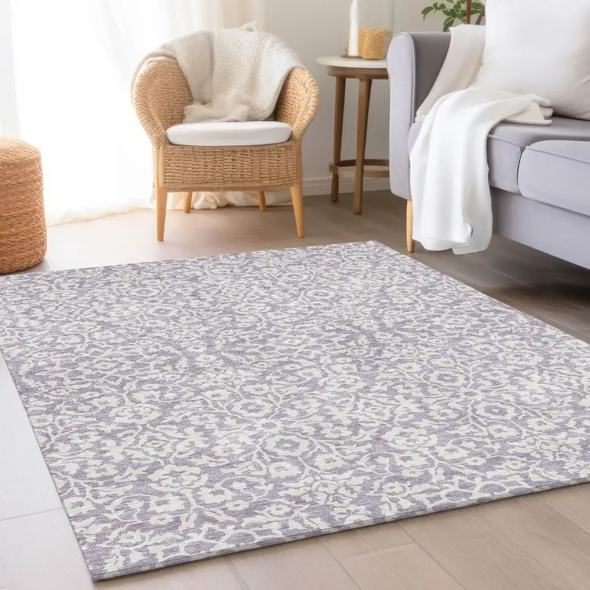 Lavender And Ivory Damask Washable Area Rug With UV Protection Photo 5
