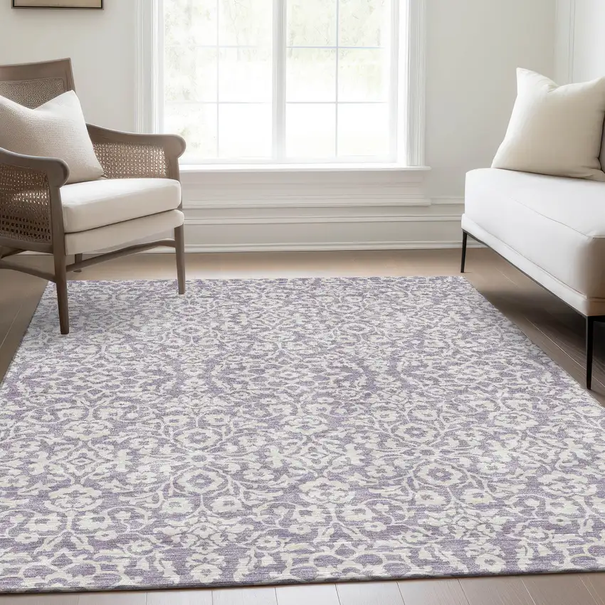 Lavender And Ivory Damask Washable Area Rug With UV Protection Photo 6