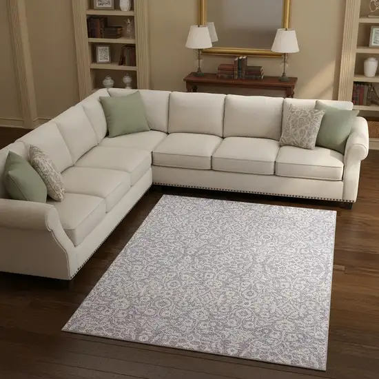 Lavender And Ivory Damask Washable Area Rug With UV Protection Photo 2