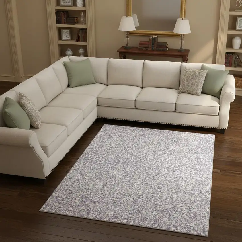 Lavender And Ivory Damask Washable Area Rug With UV Protection Photo 2