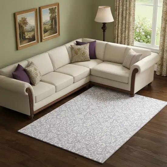 Lavender And Ivory Damask Washable Area Rug With UV Protection Photo 1