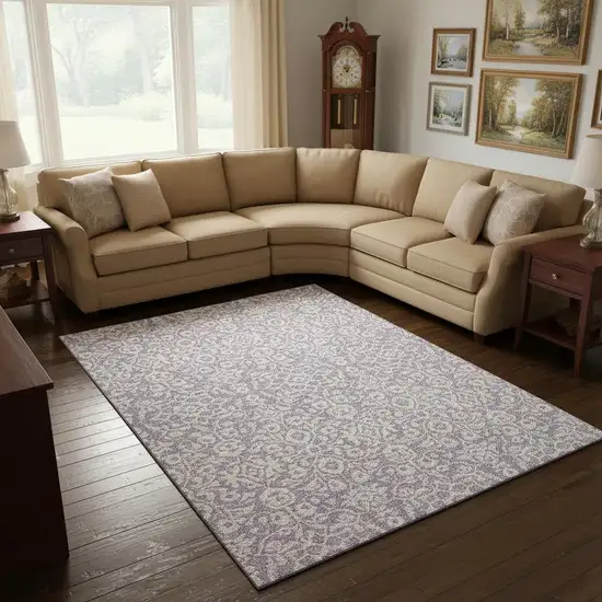 Lavender And Ivory Damask Washable Area Rug With UV Protection Photo 2