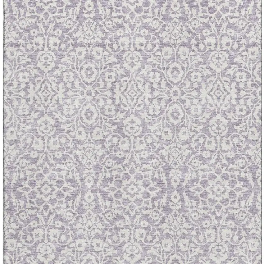 Lavender And Ivory Damask Washable Area Rug With UV Protection Photo 4