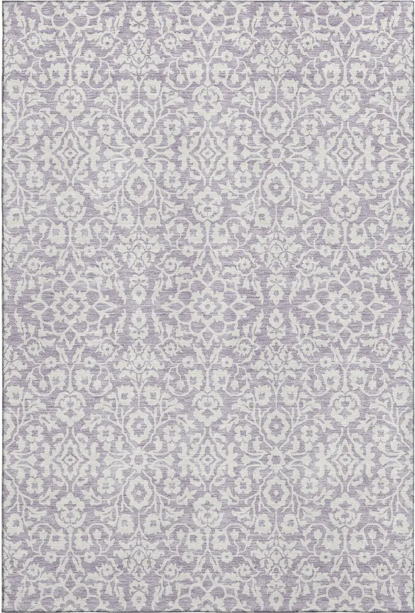 Lavender And Ivory Damask Washable Area Rug With UV Protection Photo 1