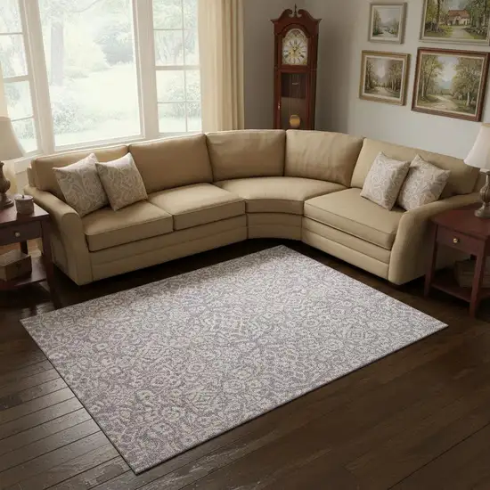 Lavender And Ivory Damask Washable Area Rug With UV Protection Photo 2