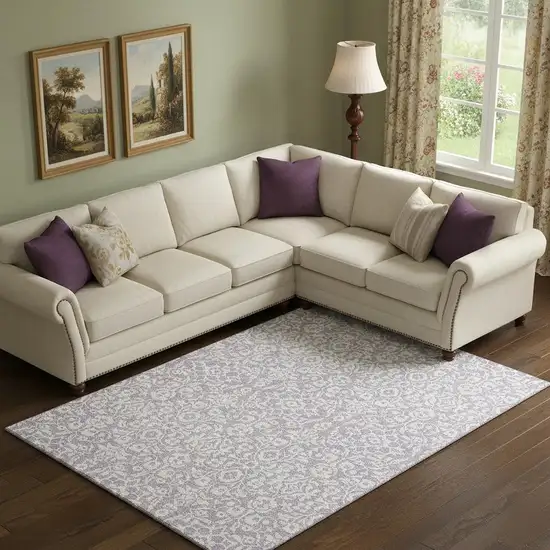 Lavender And Ivory Damask Washable Area Rug With UV Protection Photo 1