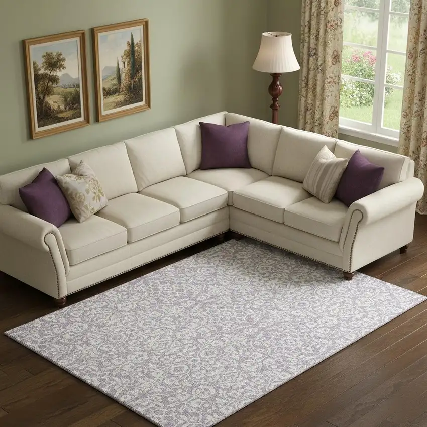 Lavender And Ivory Damask Washable Area Rug With UV Protection Photo 1
