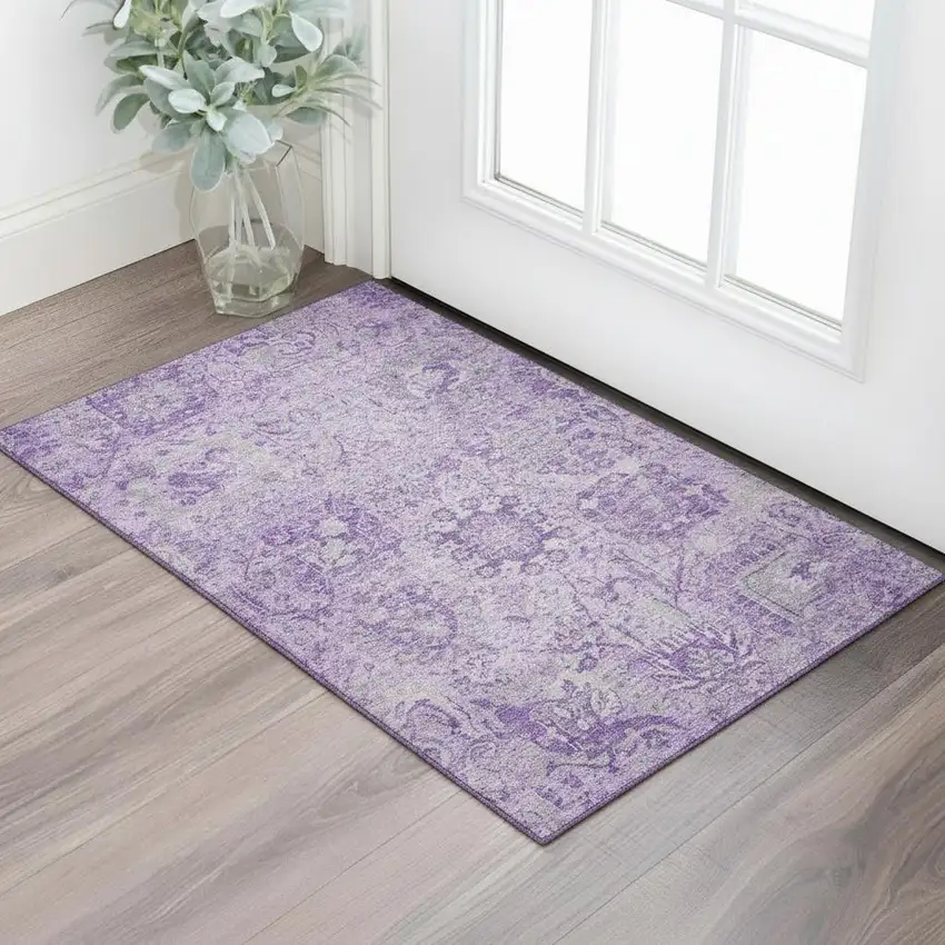 Lavender And Ivory Damask Washable Area Rug With UV Protection Photo 2