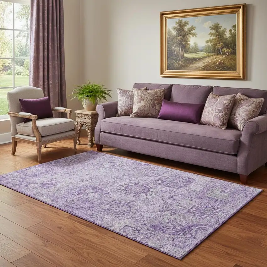 Lavender And Ivory Damask Washable Area Rug With UV Protection Photo 2