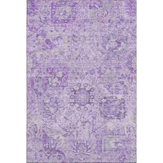 Lavender And Ivory Damask Washable Area Rug With UV Protection Photo 1