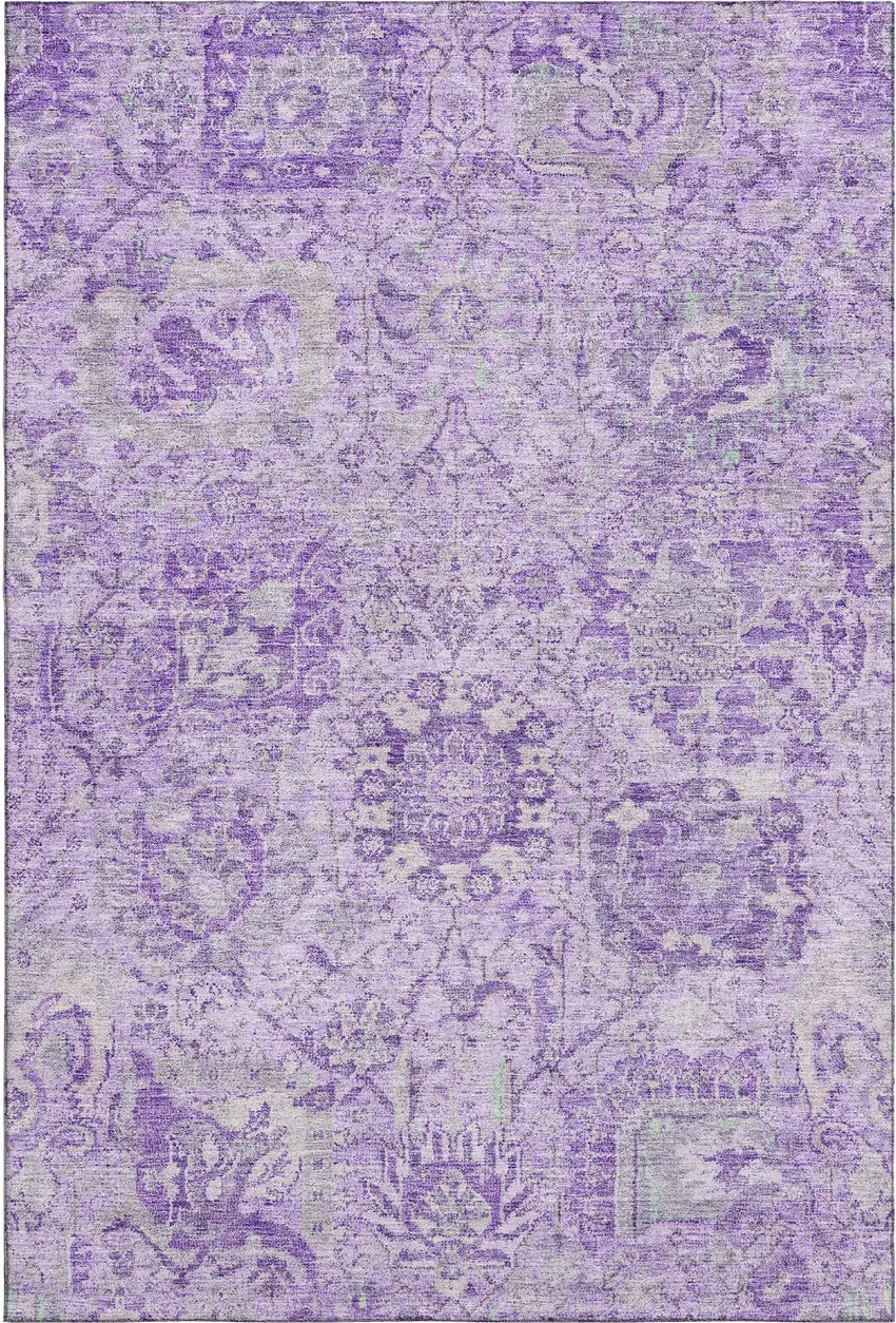 Lavender And Ivory Damask Washable Area Rug With UV Protection Photo 1