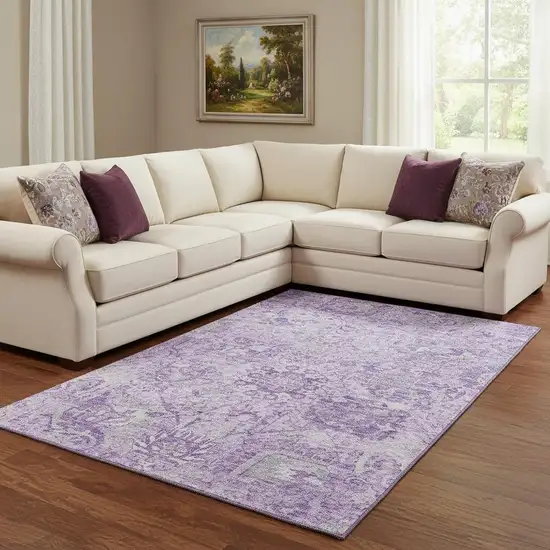 Lavender And Ivory Damask Washable Area Rug With UV Protection Photo 2