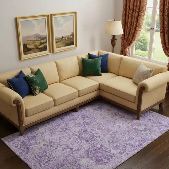 Lavender And Ivory Damask Washable Area Rug With UV Protection Photo 2