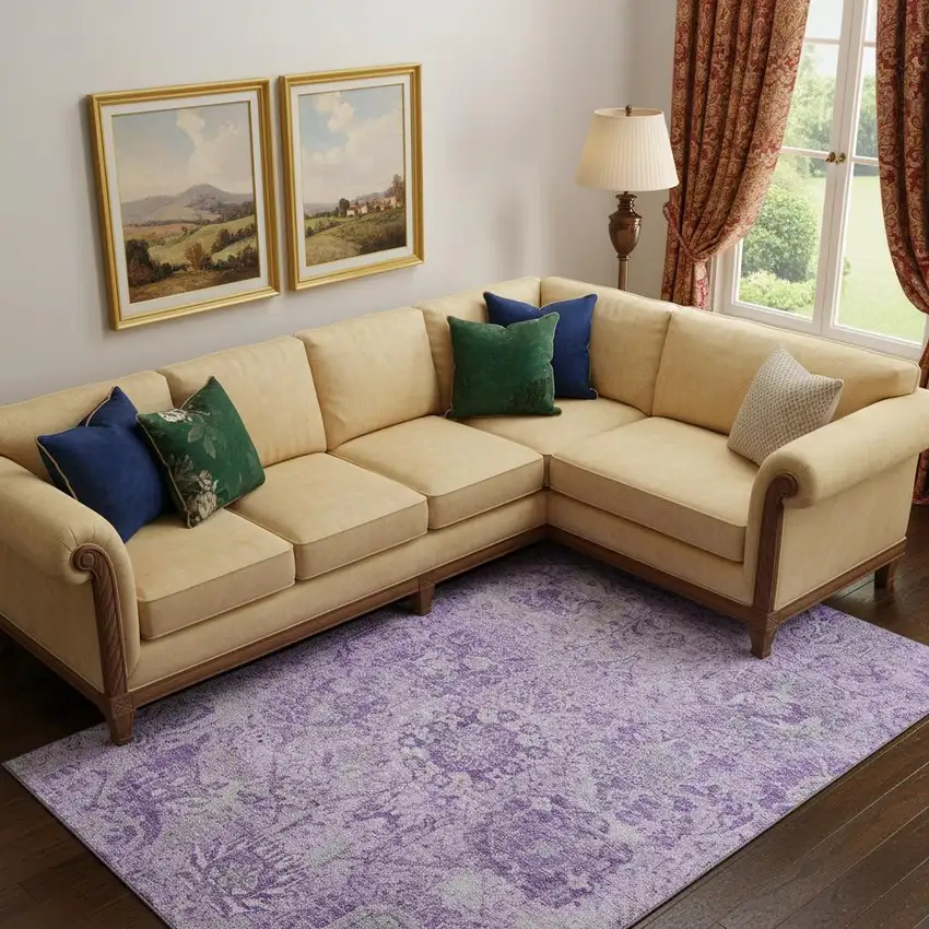 Lavender And Ivory Damask Washable Area Rug With UV Protection Photo 2