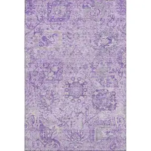Photo of Lavender And Ivory Damask Washable Area Rug With UV Protection