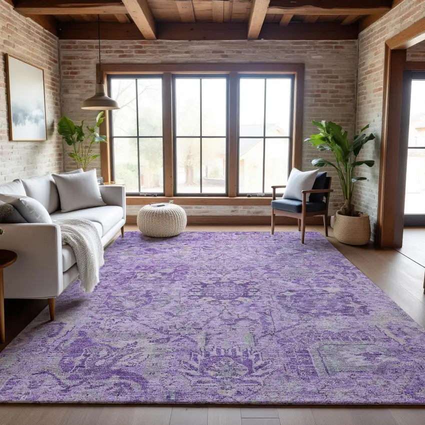 Lavender And Ivory Damask Washable Area Rug With UV Protection Photo 4