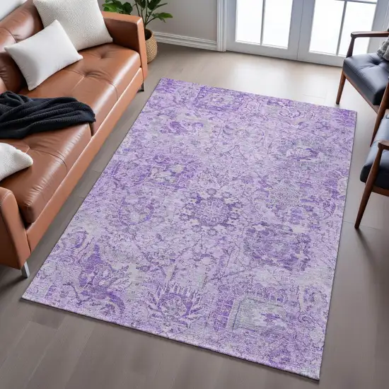 Lavender And Ivory Damask Washable Area Rug With UV Protection Photo 5