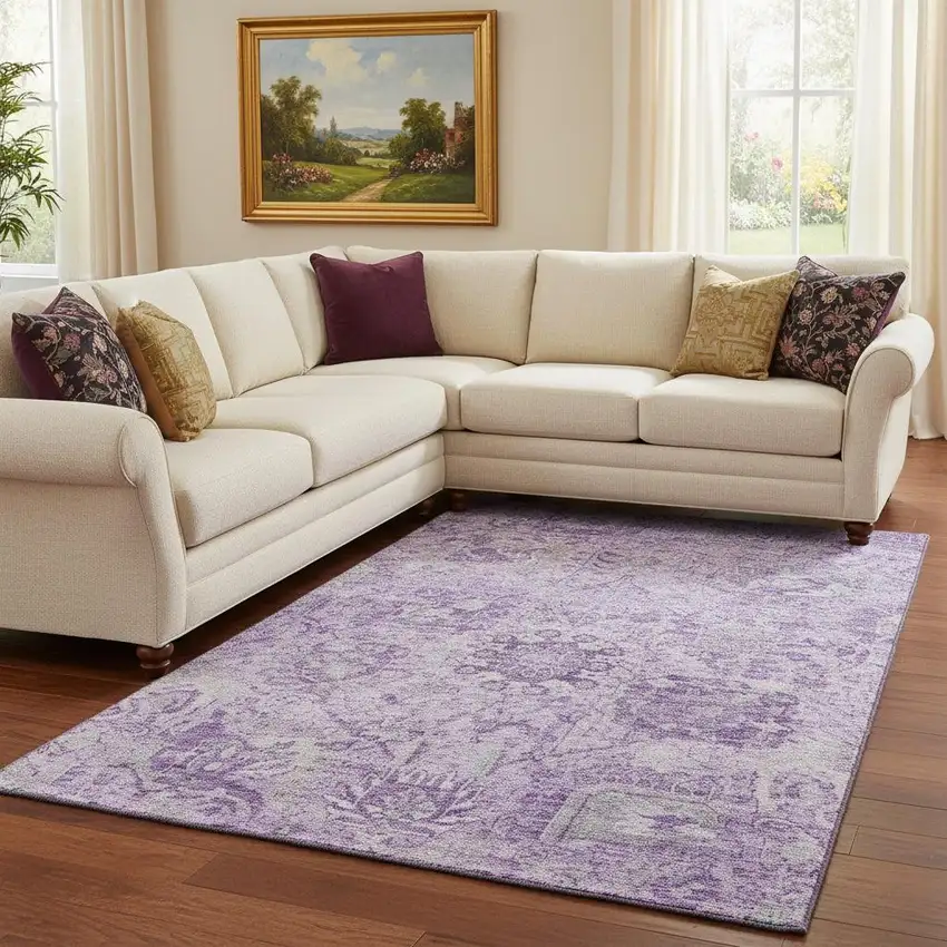 Lavender And Ivory Damask Washable Area Rug With UV Protection Photo 2