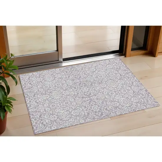 Lavender And Ivory Damask Washable Indoor Outdoor Area Rug Photo 1