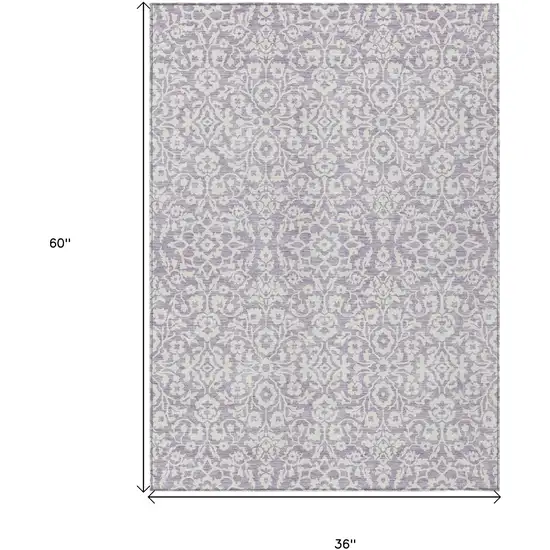 Lavender And Ivory Damask Washable Indoor Outdoor Area Rug Photo 3