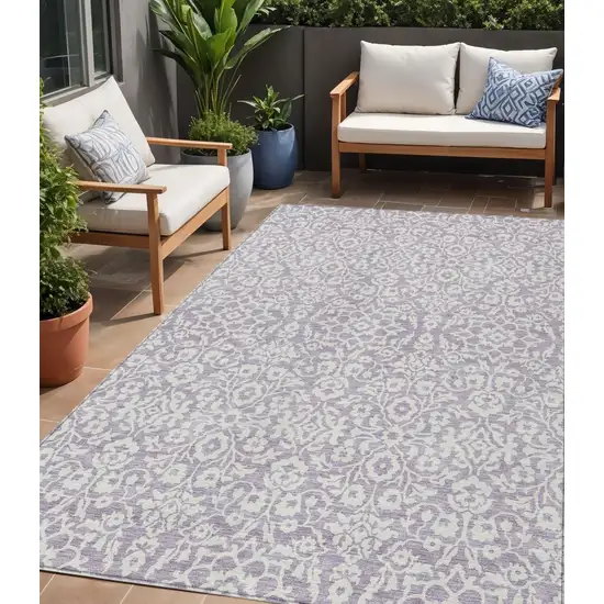 Lavender And Ivory Damask Washable Indoor Outdoor Area Rug Photo 1