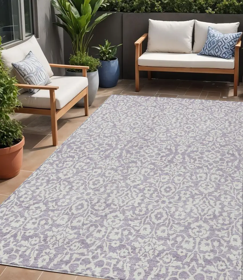 Lavender And Ivory Damask Washable Indoor Outdoor Area Rug Photo 1