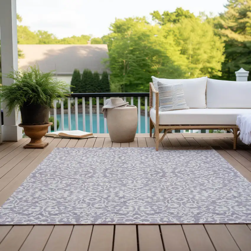 Lavender And Ivory Damask Washable Indoor Outdoor Area Rug Photo 9