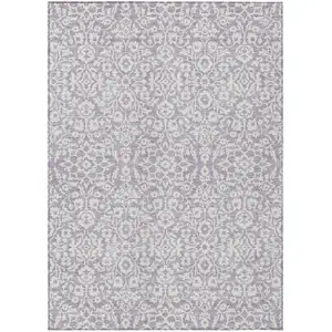 Photo of Lavender And Ivory Damask Washable Indoor Outdoor Area Rug