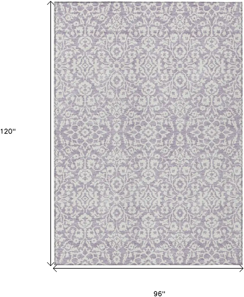 Lavender And Ivory Damask Washable Indoor Outdoor Area Rug Photo 3