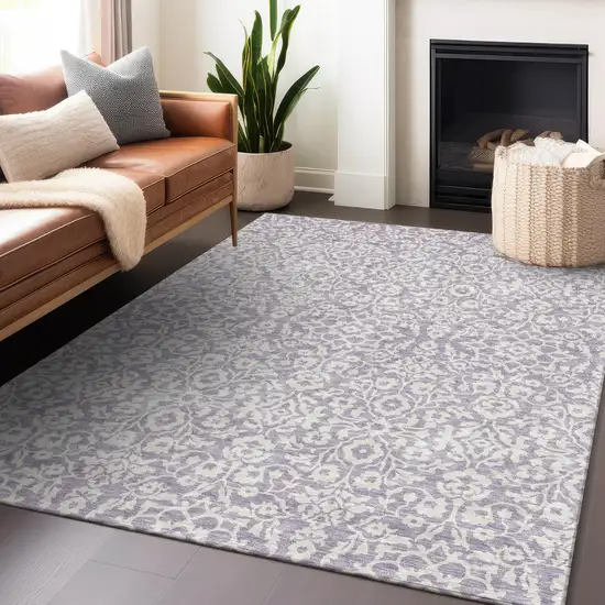 Lavender And Ivory Damask Washable Indoor Outdoor Area Rug Photo 8