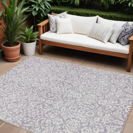 Lavender And Ivory Damask Washable Indoor Outdoor Area Rug Photo 1