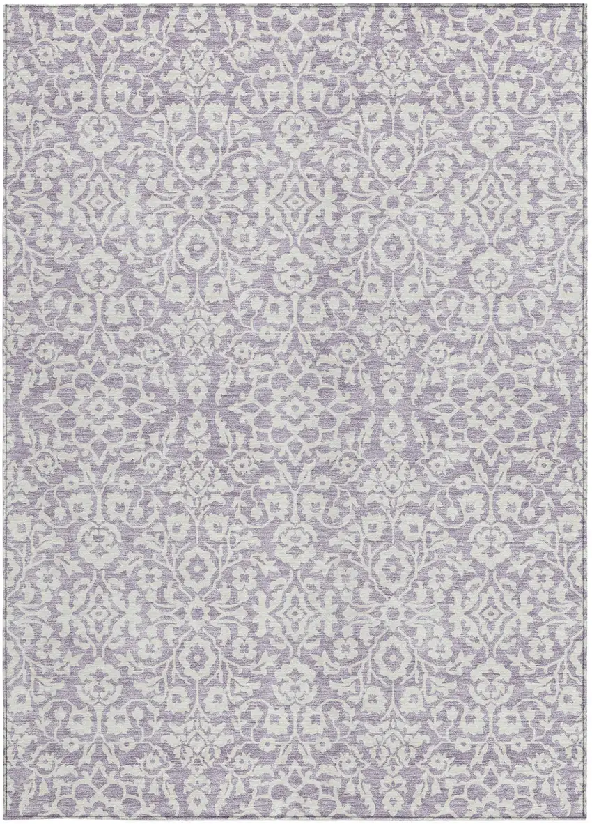 Lavender And Ivory Damask Washable Indoor Outdoor Area Rug Photo 6
