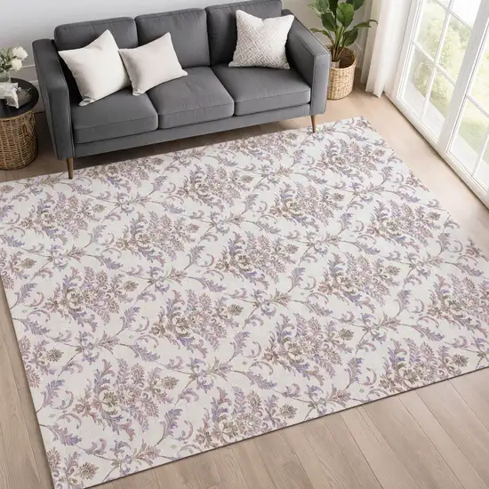 Lavender And Ivory Damask Washable Indoor Outdoor Area Rug Photo 8