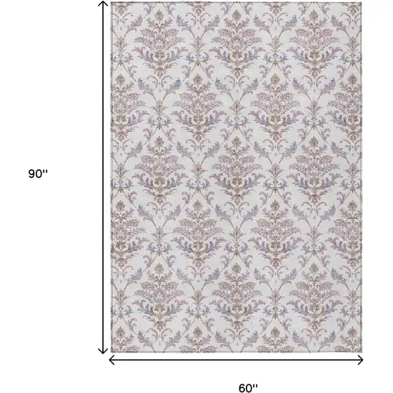 Lavender And Ivory Damask Washable Indoor Outdoor Area Rug Photo 3