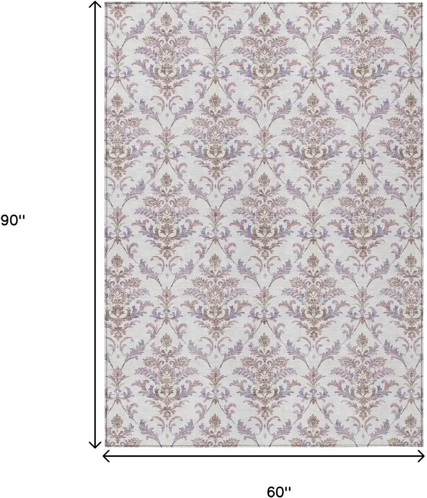 Lavender And Ivory Damask Washable Indoor Outdoor Area Rug Photo 3