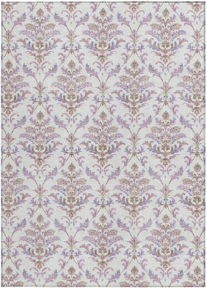 Lavender And Ivory Damask Washable Indoor Outdoor Area Rug Photo 4