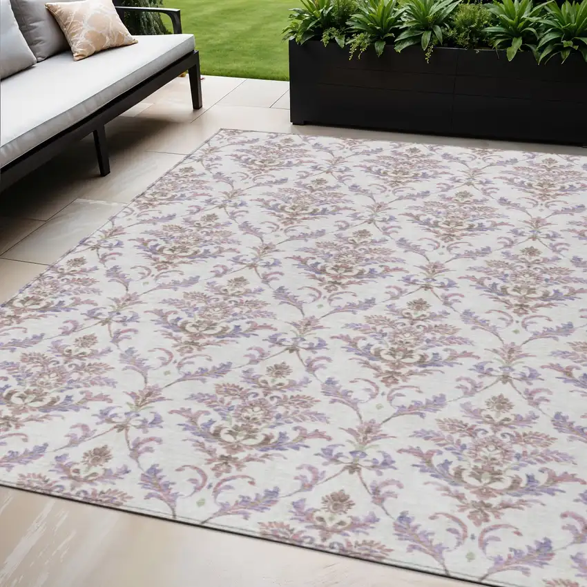Lavender And Ivory Damask Washable Indoor Outdoor Area Rug Photo 1