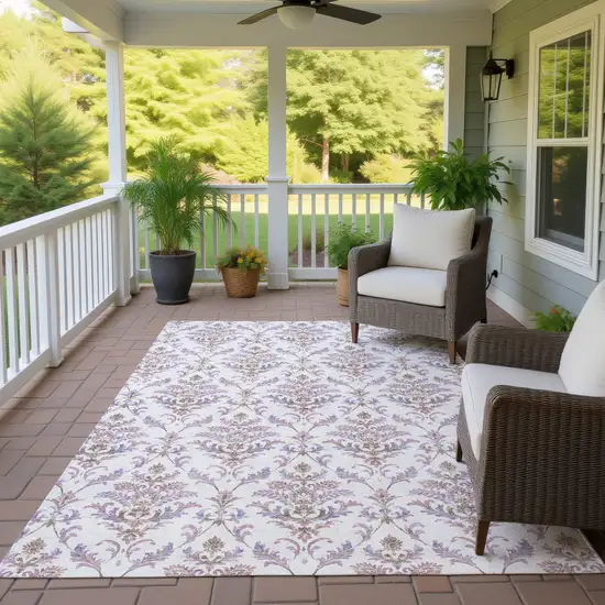Lavender And Ivory Damask Washable Indoor Outdoor Area Rug Photo 9