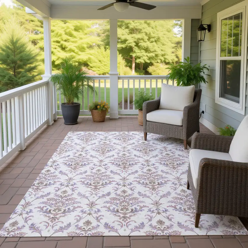 Lavender And Ivory Damask Washable Indoor Outdoor Area Rug Photo 9