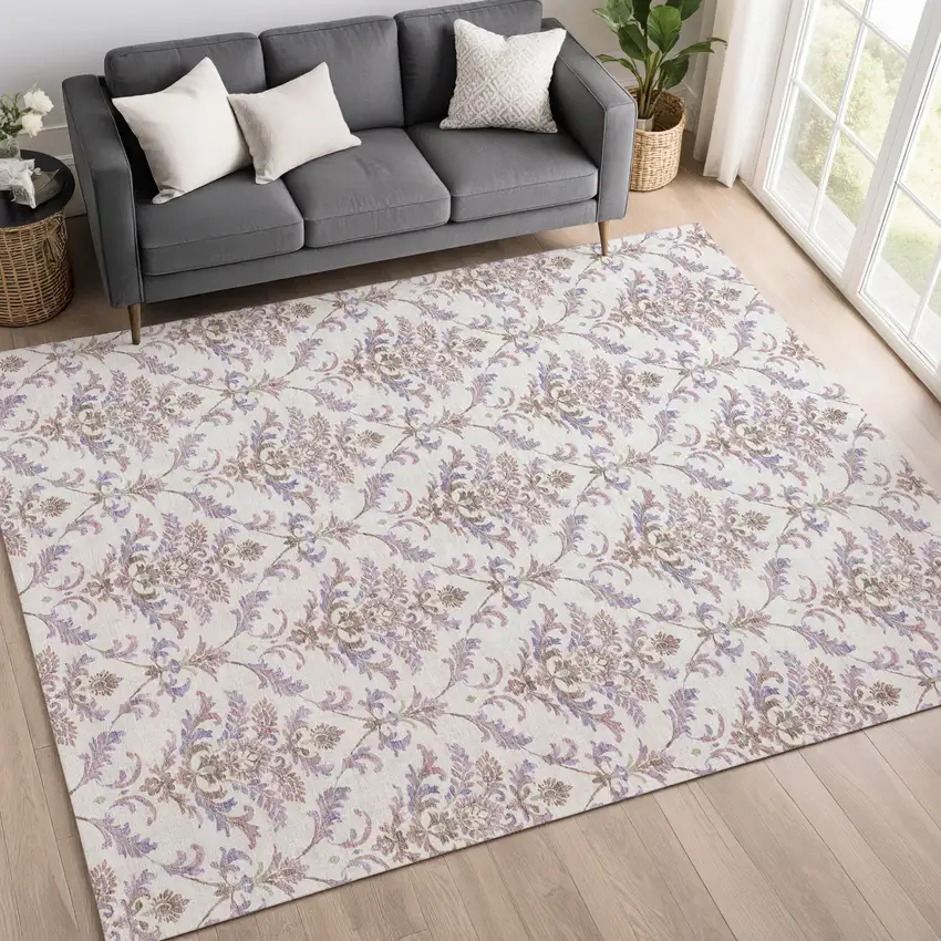 Lavender And Ivory Damask Washable Indoor Outdoor Area Rug Photo 9