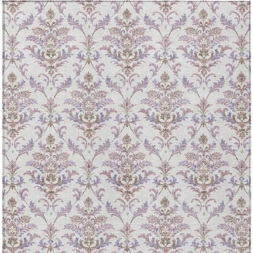 Lavender And Ivory Damask Washable Indoor Outdoor Area Rug Photo 3