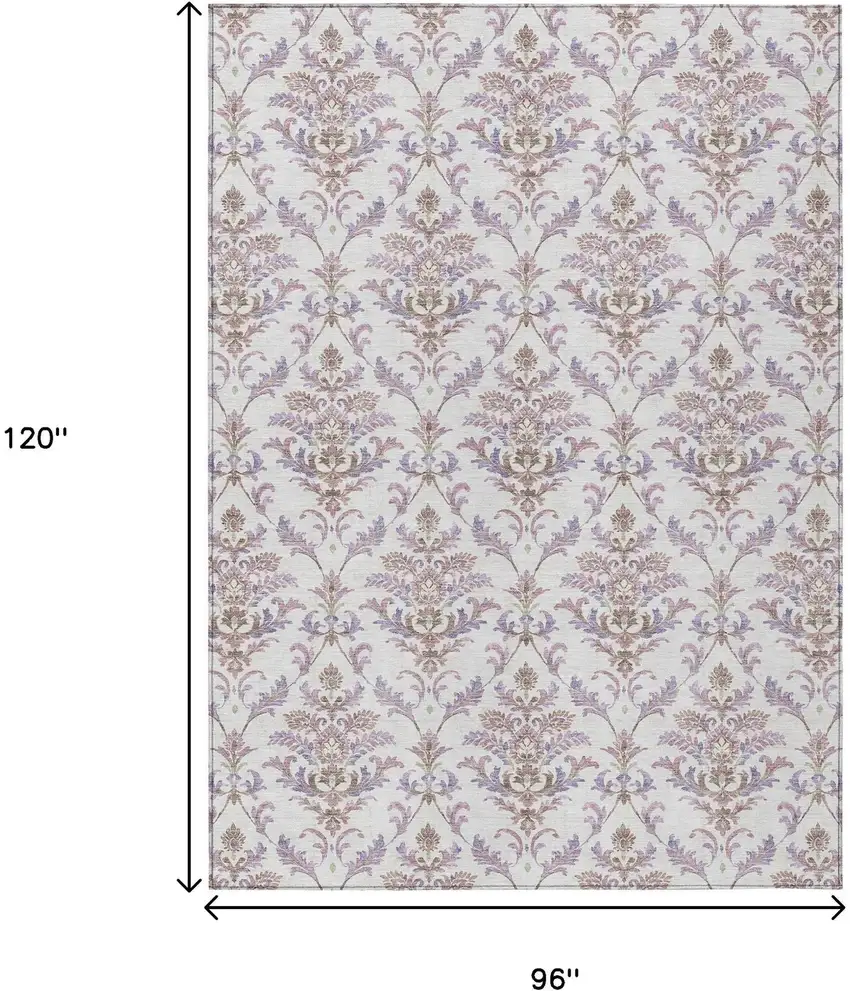 Lavender And Ivory Damask Washable Indoor Outdoor Area Rug Photo 4