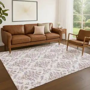 Photo of Lavender And Ivory Damask Washable Indoor Outdoor Area Rug