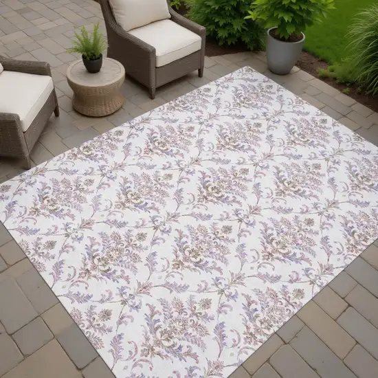 Lavender And Ivory Damask Washable Indoor Outdoor Area Rug Photo 7