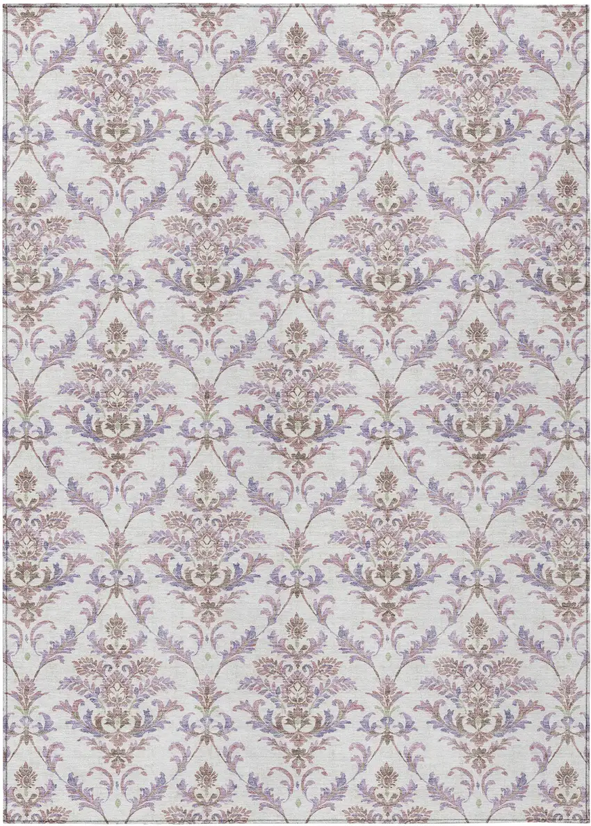 Lavender And Ivory Damask Washable Indoor Outdoor Area Rug Photo 2