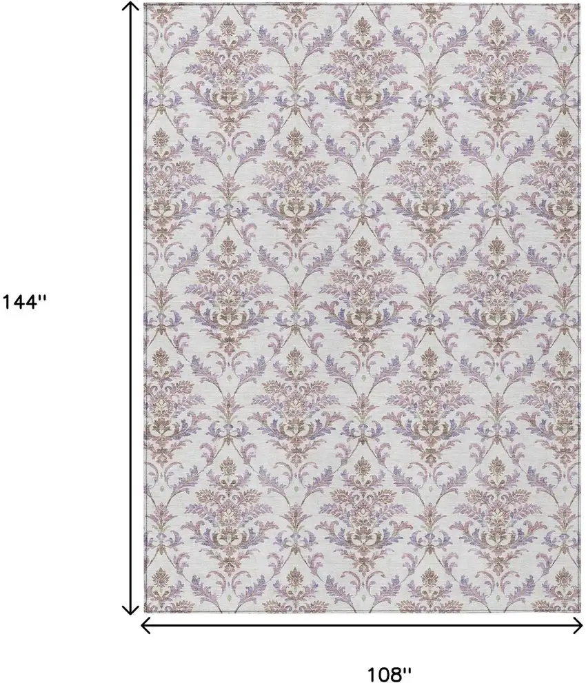Lavender And Ivory Damask Washable Indoor Outdoor Area Rug Photo 3