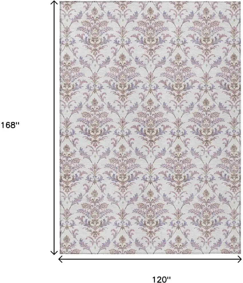 Lavender And Ivory Damask Washable Indoor Outdoor Area Rug Photo 3