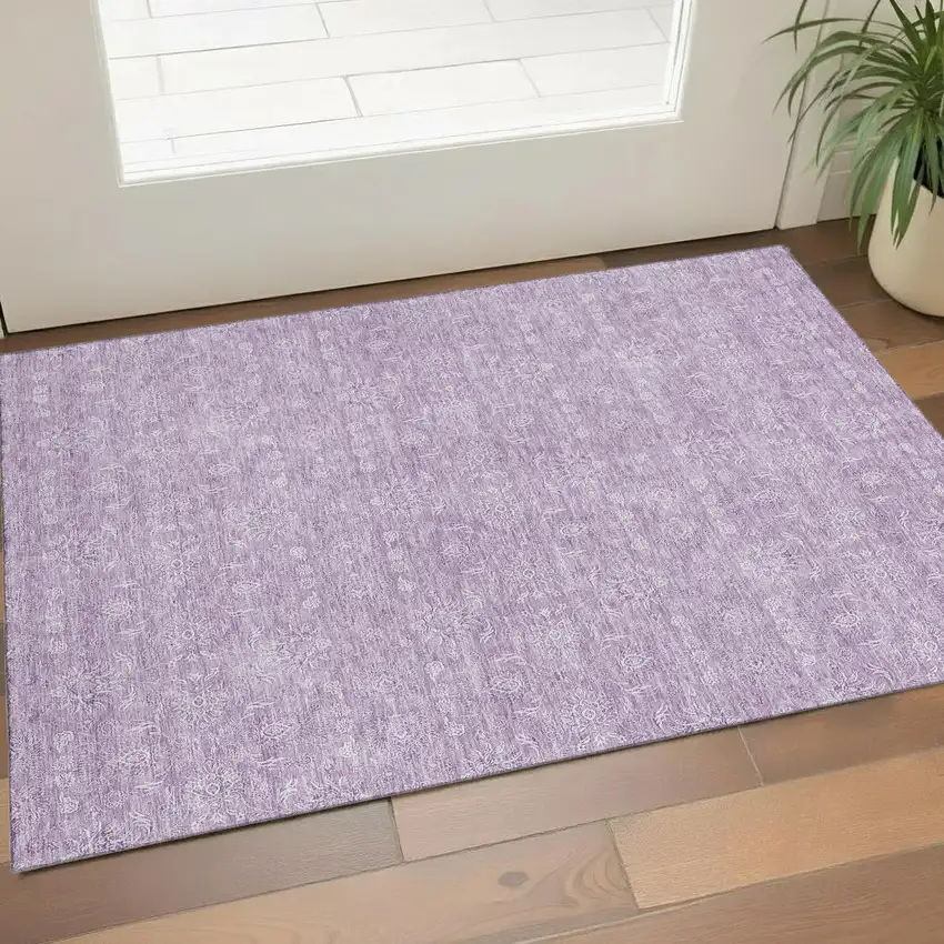 Lavender And Ivory Floral Washable Area Rug With UV Protection Photo 1