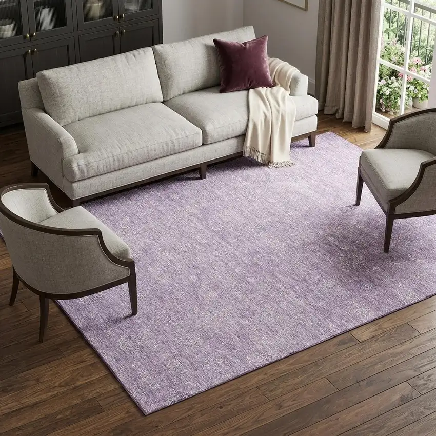 Lavender And Ivory Floral Washable Area Rug With UV Protection Photo 1
