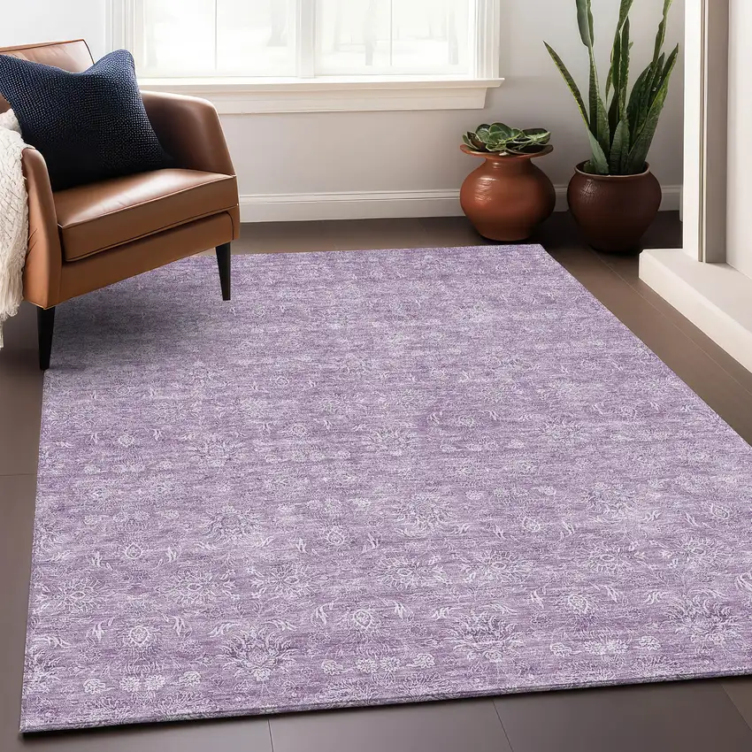 Lavender And Ivory Floral Washable Area Rug With UV Protection Photo 4